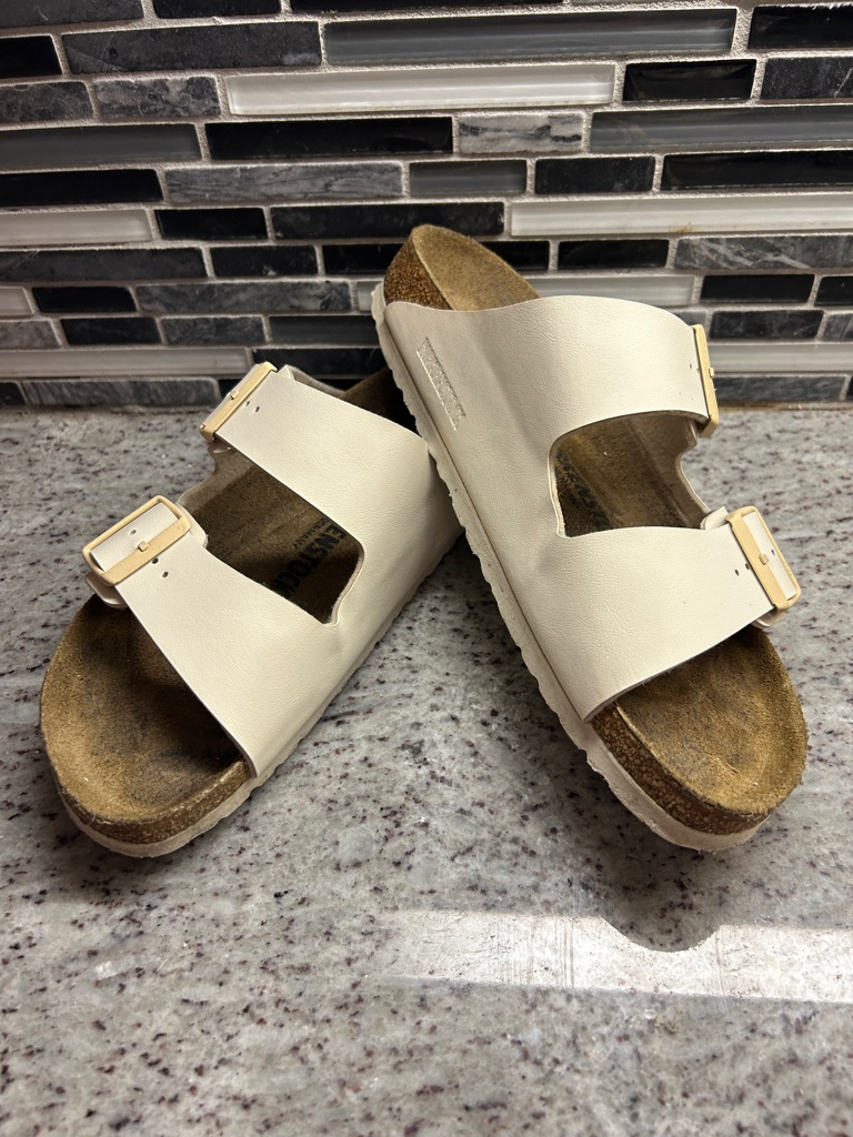 Birkenstock Off White Double-Strap Sandal With Cream Buckles Size 8